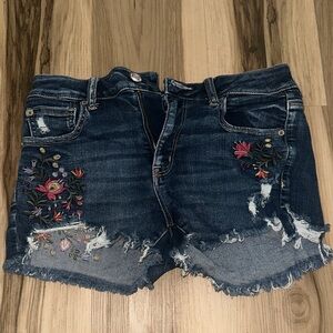 American Eagle Dark Blue Jean Shorts with Floral Embroidery